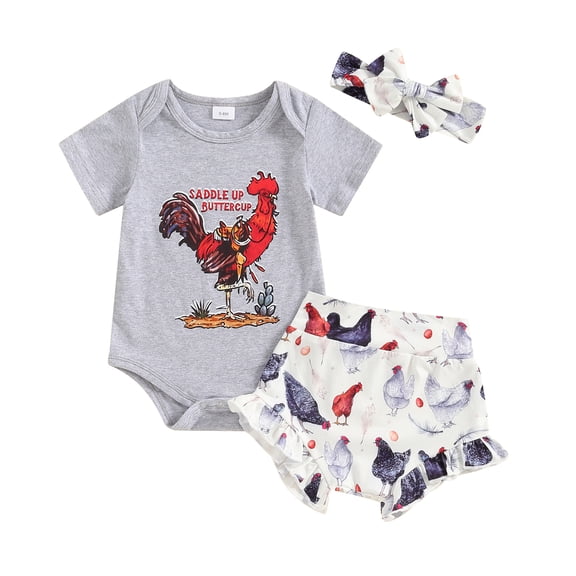Aojekbee Baby Girl Farm Clothes Set Short Sleeve Romper with Hen Print Ruffled Shorts and Headband