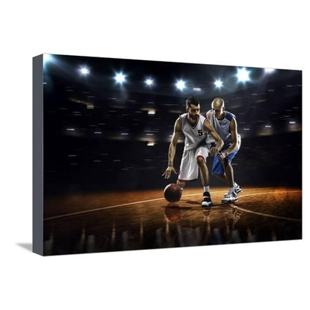 Two Basketball Players in Action in Gym Panorama View Stretched Canvas Print Wall Art By Eugene