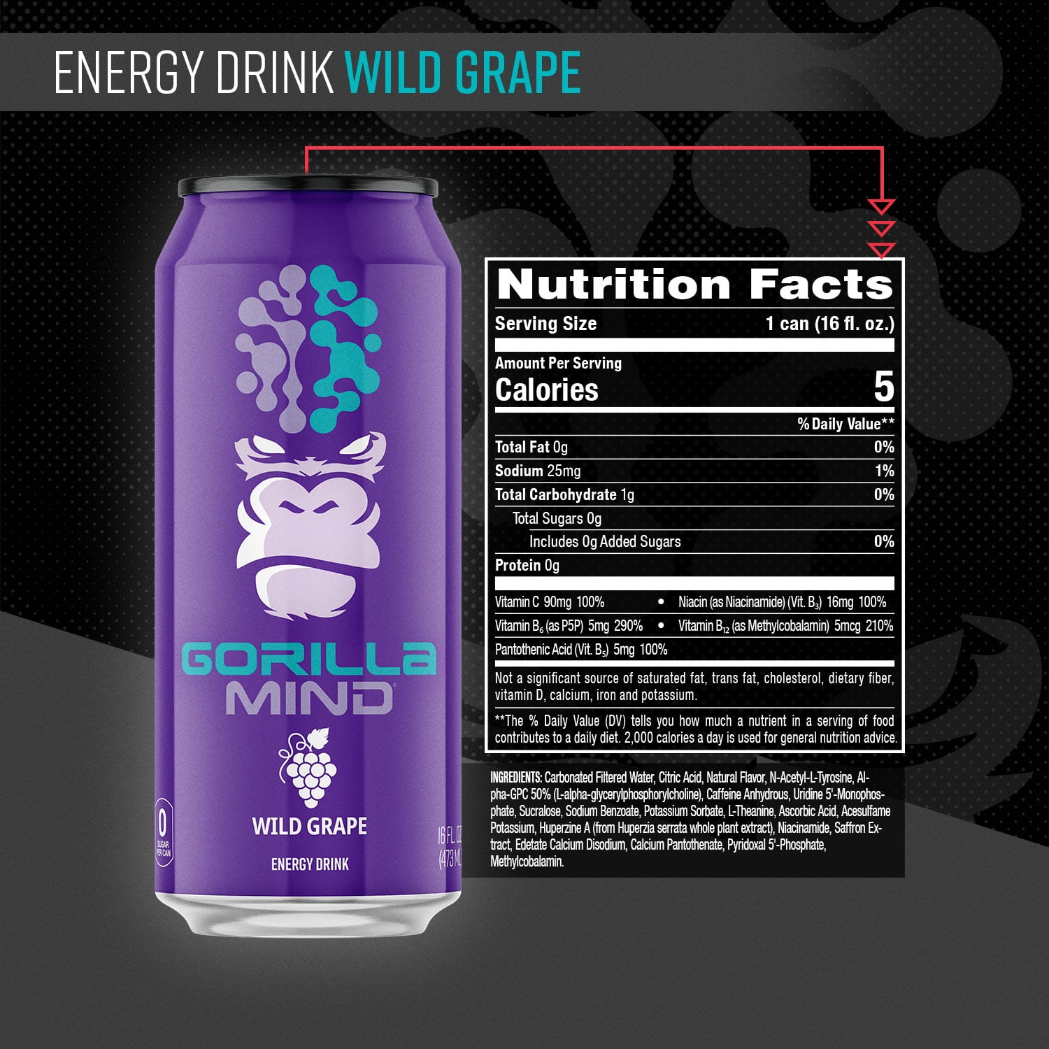 Gorilla Mind Energy Drink, No Sugar or Artificial Colors, Wild Grape, 16 oz, 12 pack Cans