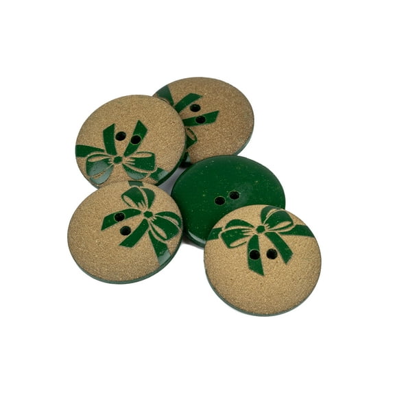 Mibo 5 pcs Polyester Holiday Button - 2 Hole - Gold Glitter Pearl with Lasered Bow Pattern - 44L(28mm) - Green/Gold Glitter