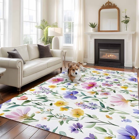 Colorful Floral Area Rug 5x8 FT, Non Slip Bedroom Throw Carpet, Watercolor Vintage Flower Spring Plant Washable Soft Floor Carpet Non-Shedding Rug for Living Room Nursery Dorm Office