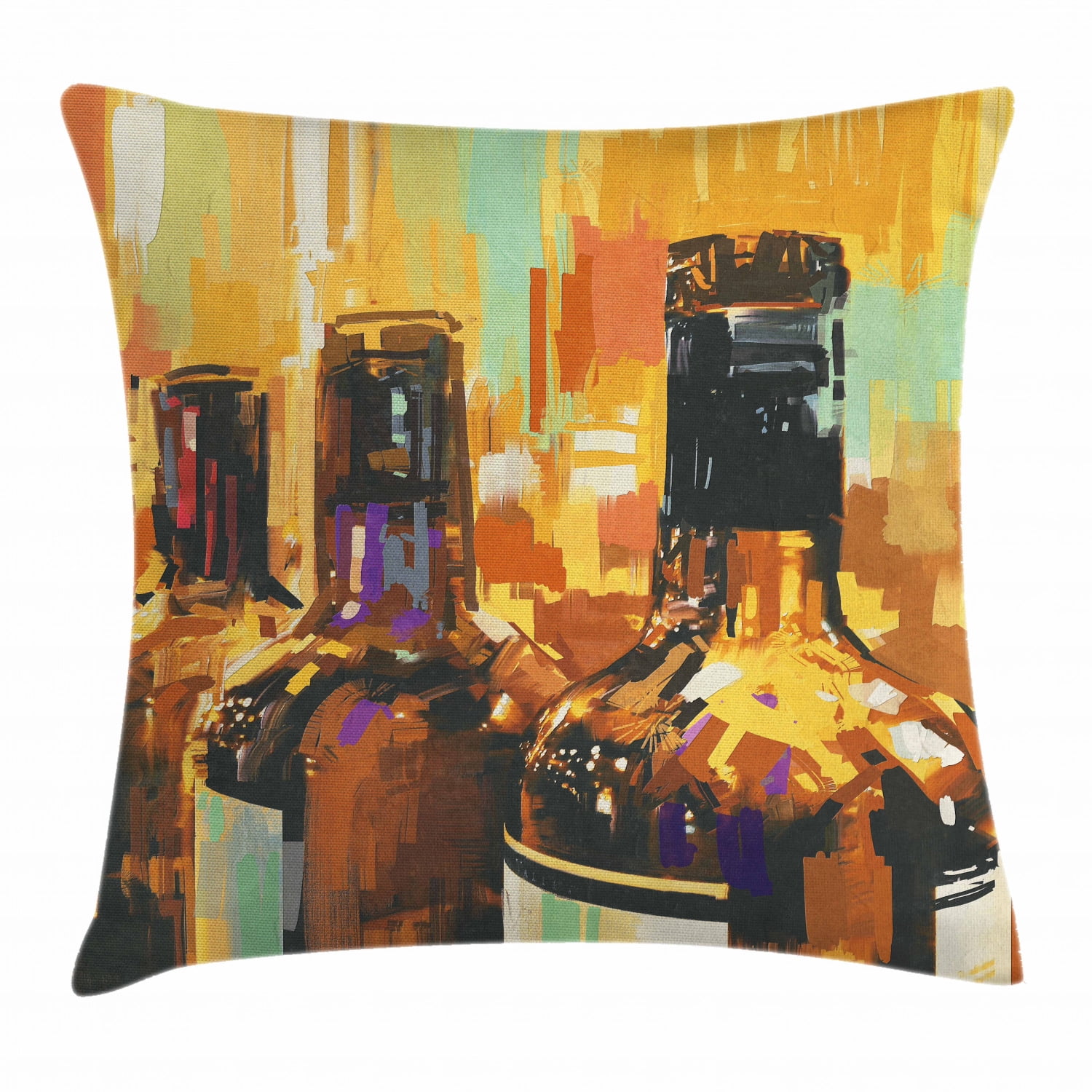 Wine Throw Pillow Cushion Cover, Colorful Painting Style Bottles of Wine with Vivid Bruststrokes ...