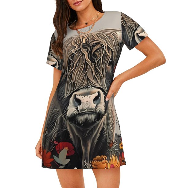 Disketp Butterfly Cow With Flowers para Camisón Corto de Manga Corta para Mujeres, Camisón Cómodo con Escote Redondo, Bonito y Confortable