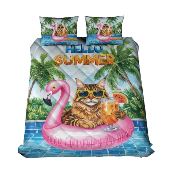 Hello Summer Maine Coon at Swimming Pool Flamingo Swim Ring Quilt Bedding Set Cat Lover Kitten Owner Gifts 1 Blanket Bed Cover 2 Pillowcases - 12009