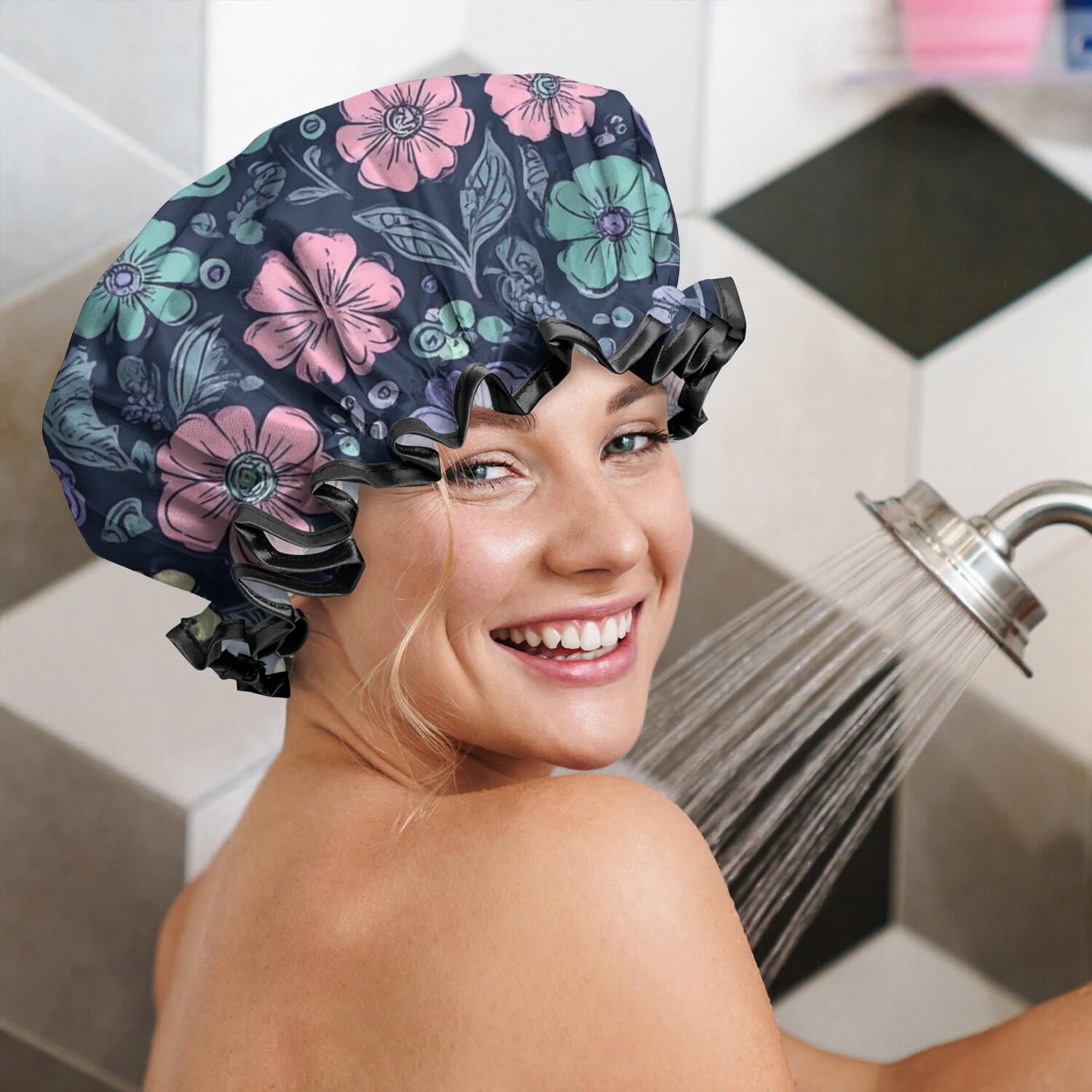 Shower Caps,Pioneer Flower Floral Print Pattern Waterproof Shower Cap for Women 4 Pieces,Double Reusable Hair Cover for Shower PEVA Elastic Stretch Hem