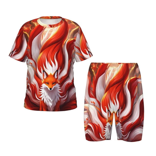 Fotbe Red Sun Flame Fox Pijama Estampada de 2 Piezas para Niños – Ropa de Dormir de Manga Corta Cómoda para Niños y Niñas, Camiseta y Shorts de Algodón-Small