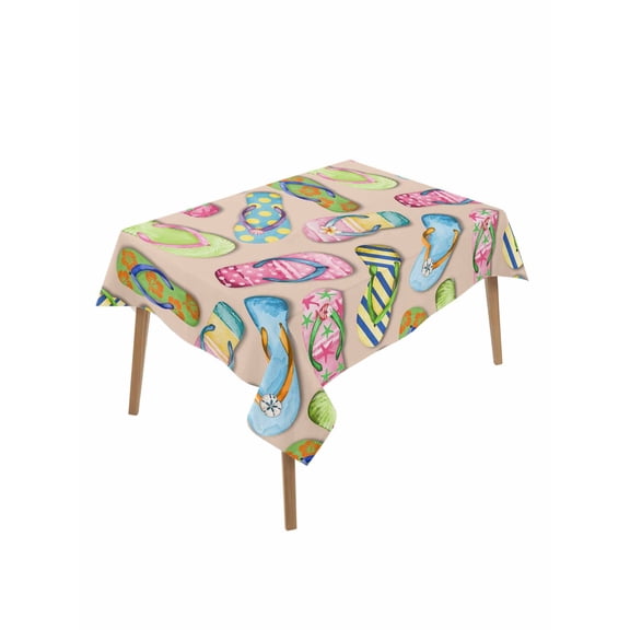 Summer Slippers Table Cloth, Waterproof Tablecloth for Rectangle Tables, Watercolor Flip Flops Ocean Beach Light Brown Reusable Washable Fabric Table Cover for Restaurant Kitchen Dining 60"x102"