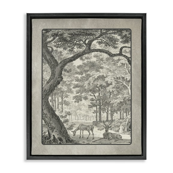 Stupell Industries Lounging Deer in Forest Landscape & Nature Painting Black Floater Framed Canvas Art Print Wall Art, 17 x 21