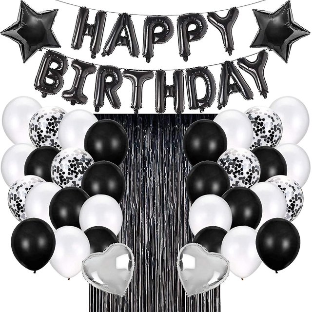 Decoraciones para fiesta de cumpleaños con pancartas de globos de feliz cumpleaños y globos de confeti negros