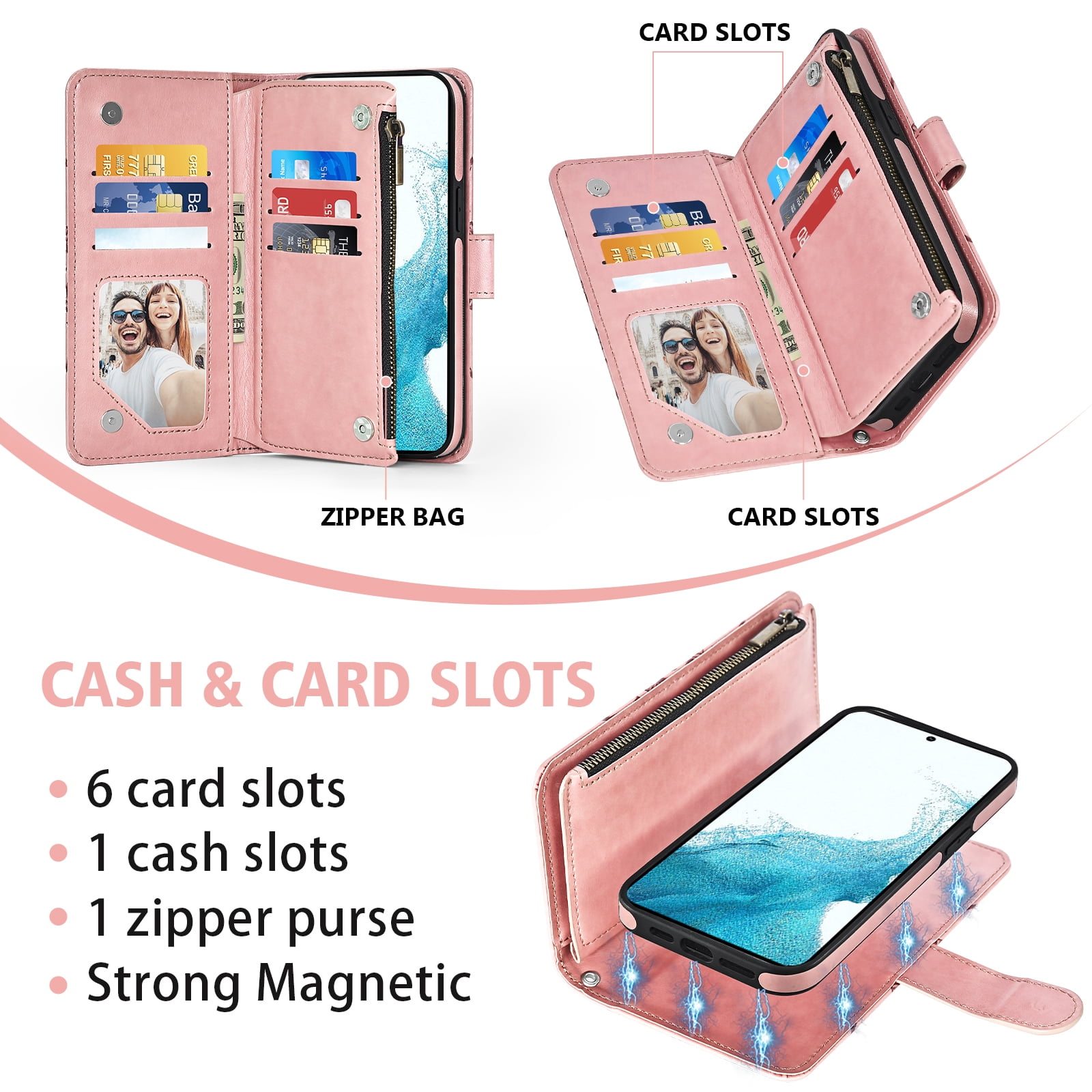 Asuwish Phone Case for Samsung Galaxy S22 5G Zipper Wallet Magnetic Detachable Cell Cover with Tempered Glass Screen Protector Crossbody Strap Flower Card Holder Slot S 22 22S 4G G5 6.1 inch Pink