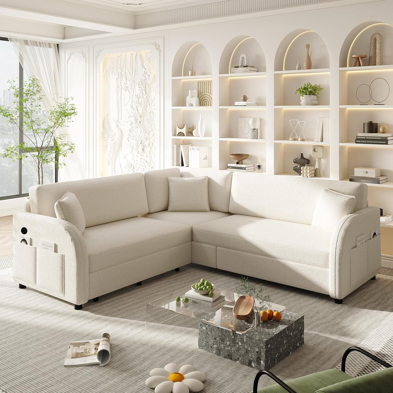 Howcool 85.1" L-Shaped Sectional Sleeper Sofa, 5-Seat Pull Out Couch Bed with USB Ports & Side Pockets, Teddy Fabric Convertible Sofa for Living Room, Beige White