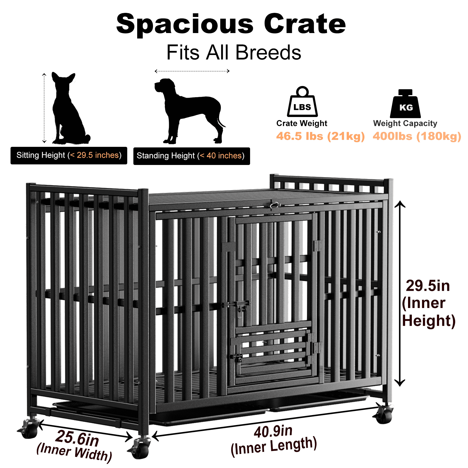 Indestructible Heavy Duty Dog Crate for Dogs, Escape-Proof Metal Kennel with Lockable Wheels & Removable Tray, Reinforced Steel Frame, Easy to Clean