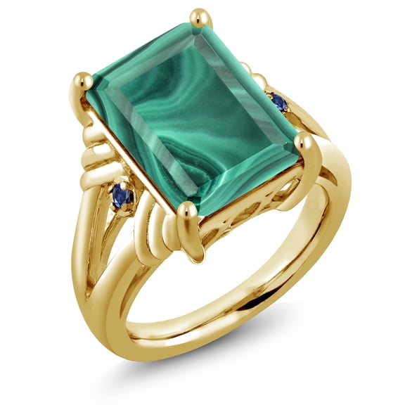 Gem Stone King 18K Yellow Gold Plated Silver Green Malachite and Blue Created Sapphire Engagement Ring for Women (10.04 Cttw, Gemstone Birthstone, Emerald Cut 14X10MM, Size 7)