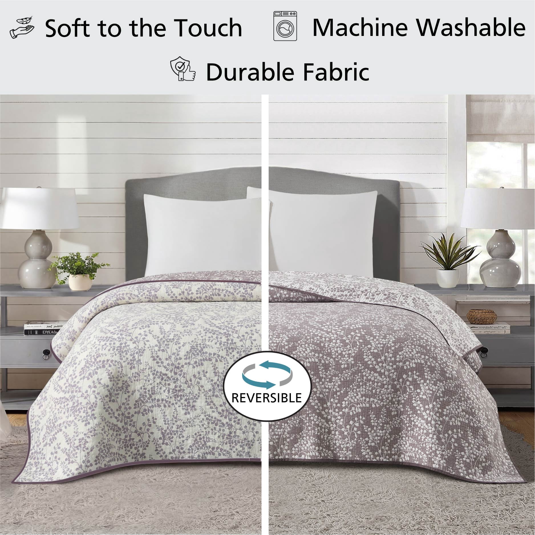 Mainstays Botanical Floral Stitched Quilt, Full/Queen, Light Purple, Reversible Lightweight Bedding