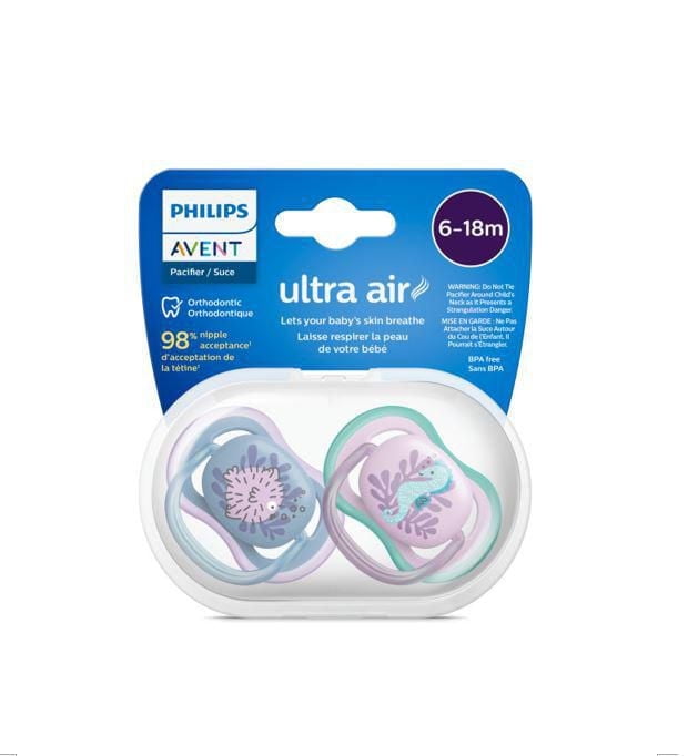 Philips Avent Ultra Air Pacifier 6-18m, puffer fish / sea horse, 2 pack, SCF085/61, Avent Ultra Air Pacifier 6-18m pufferfish 2pk