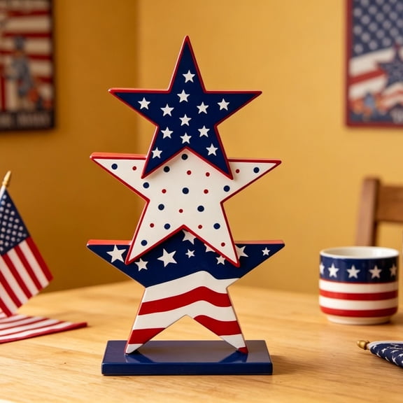 Eolstice 4th of July Decorations Wooden Stars, Patriotic Red White Blue Stacked Star Decor, 4th of July Independence Day Memorial Day Labor Day Table Decoration