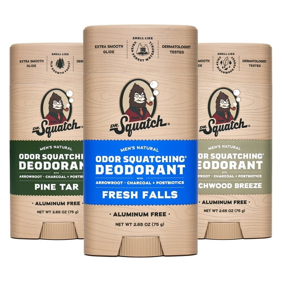 Dr. Squatch Natural Deodorant for Men - Odor-Squatching Aluminum Free - Birchwood Breeze, Fresh Falls & Pine Tar (2.65 oz, 3-Pack)