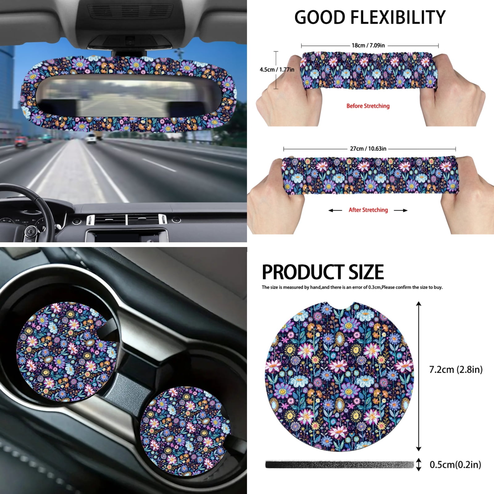 Yuyamidu Colorful Flower Car Seat Covers Full Set of 16 Car Windshield Sun Shade Gear Shift Cover Hand Brake Cover Steering Wheel Cover Seat Belt Pads Rearview Mirror Cover Cup Holders Keychain