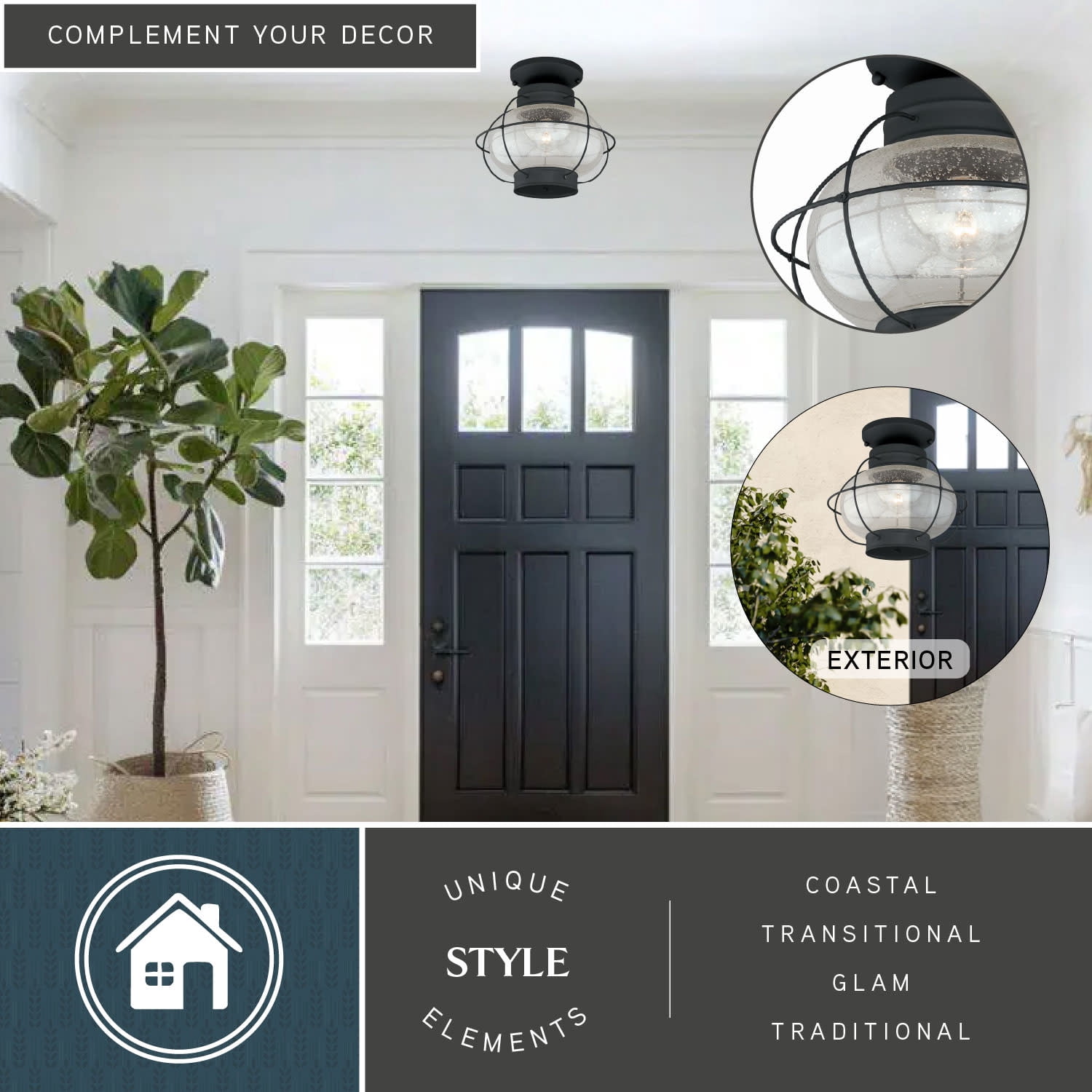 Chatham Black Coastal Globe Outdoor Flush Mount Ceiling Light Clear Glass