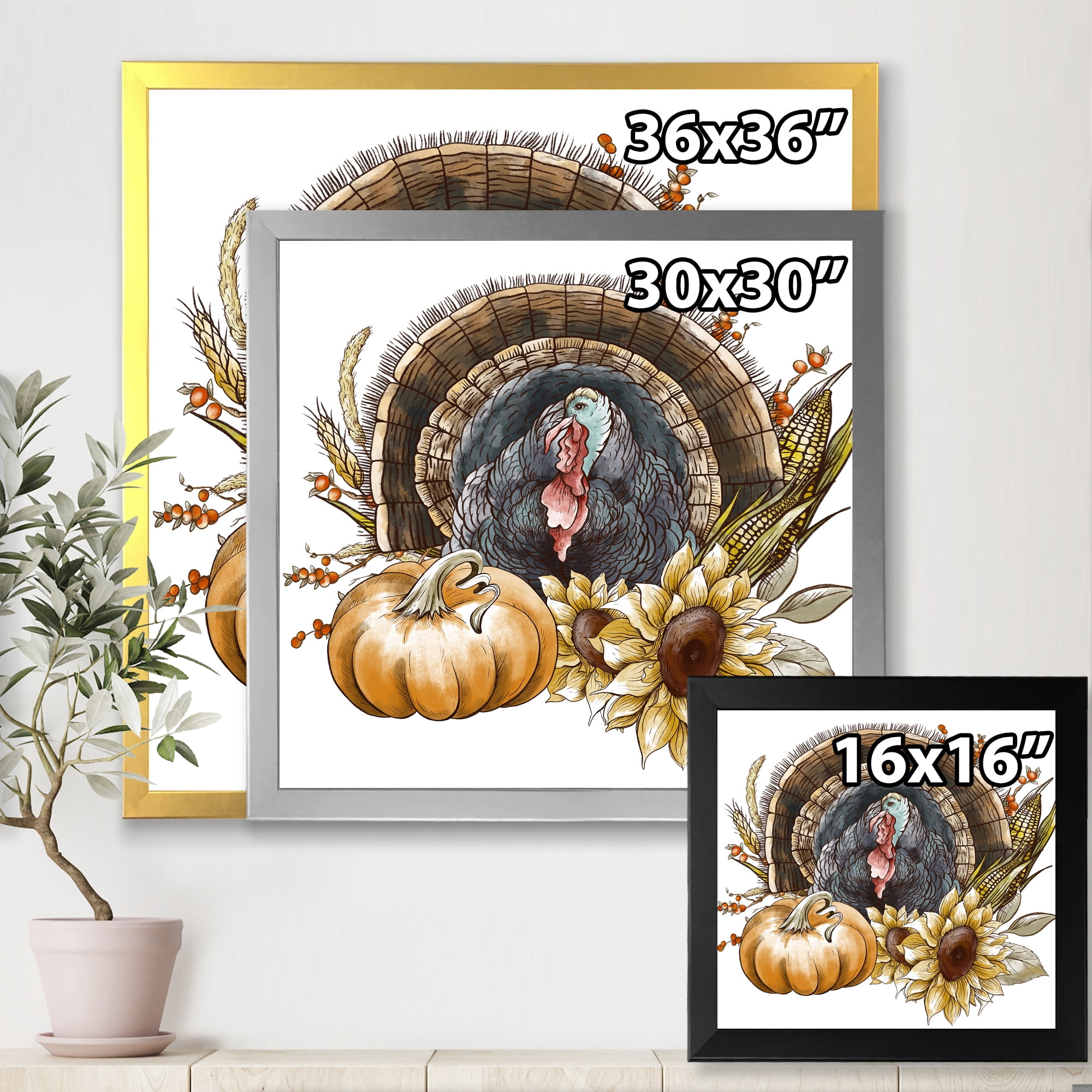 Designart 'Thanksgiving Vintage Turkey Pumpkin and Sunflowers ' Farmhouse Framed Art Print