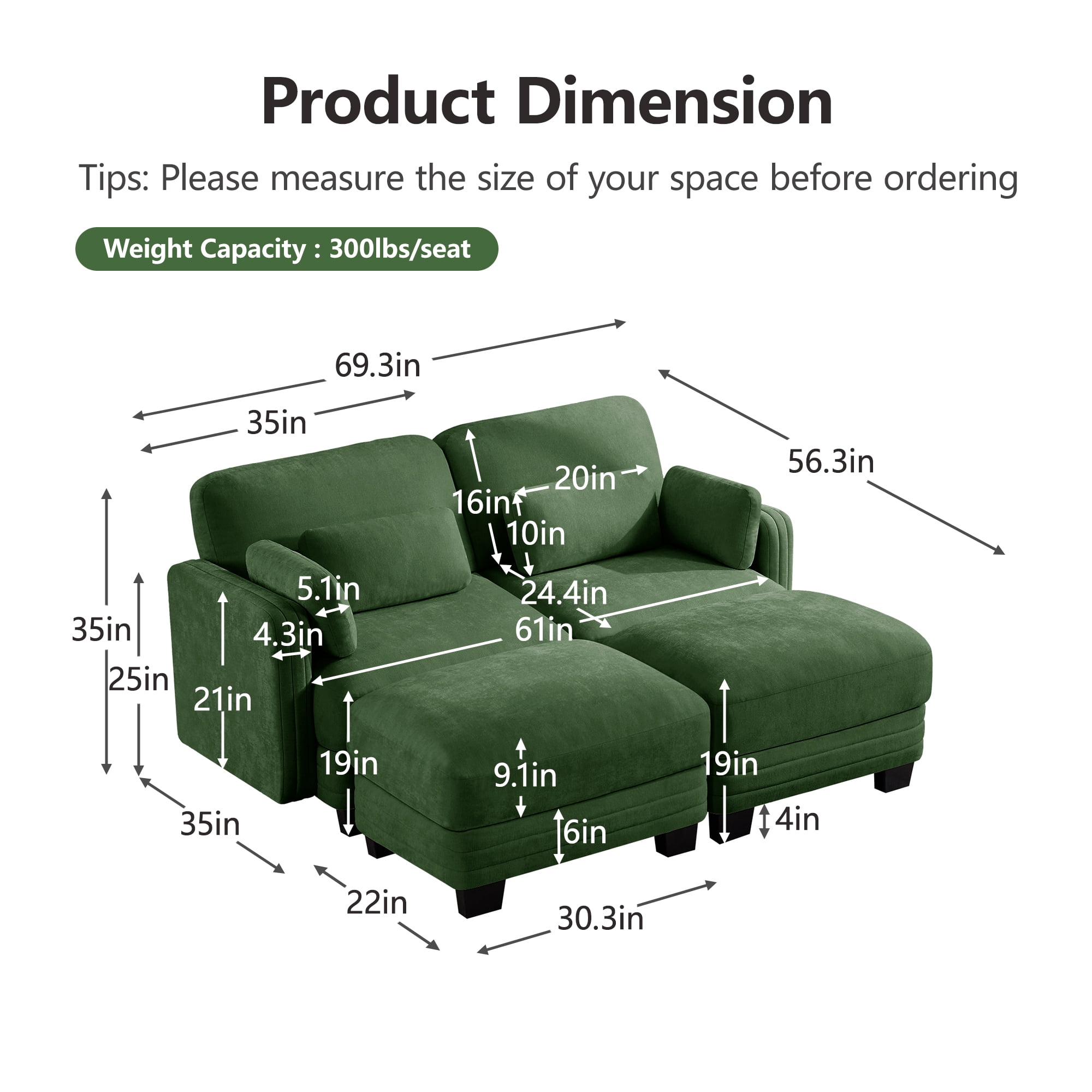 70" Modern Modular 2 Seater Loveseat Sofa Couch with 2 Ottoman and 4 Pillows