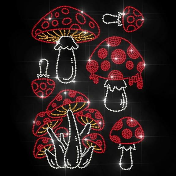 Red Mushroom Iron on Rhinestone Decal Fungus Hotfix Transfer Sticker Plants Heat Transfer Patch Bling Clothing Repair Applique for T-Shirt Hat Jacket Garment Bag Decor colorful DIY