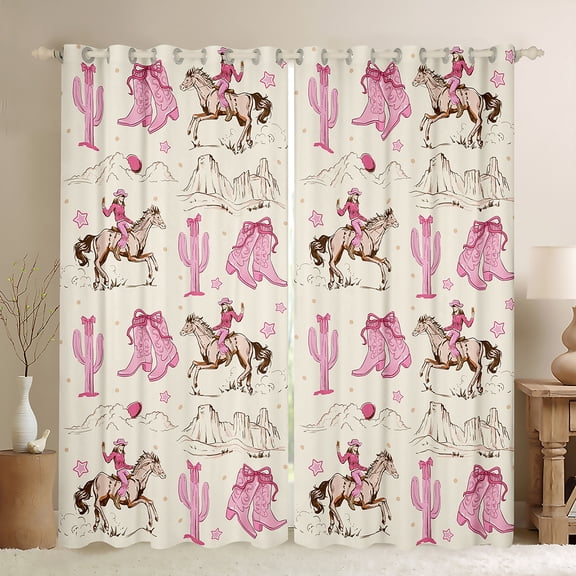 Homewish Pink Cowgirl Boot Black Out Curtains for Teens, Hippie Western Cactus Curtains Pack of 2 (42x63 Each), Farmhouse Horse Animal Bedroom Curtains, Window Curtains Bedroom Decor