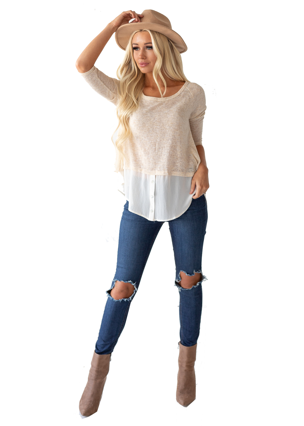 On Trend Women s White Crew Neck Sweater with Attached Sheer Blouse
