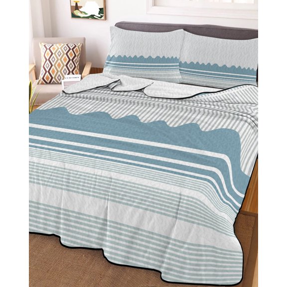 Twin Quilt Bedding Set, Watercolor Blue Waves Stripe Lightweight Coverlet Summer Comforter Set Soft Microfiber Bedspread, Modern Abstract Lines 3 Piece Quilt Set with 2 Pillow Shams