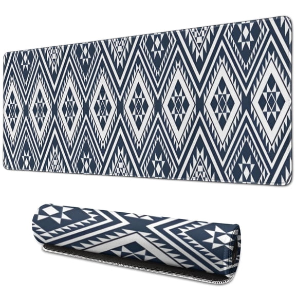 Long Mouse Pads for Desk,Blue Geometric Diamond Triangle Pattern Desk Mats on Top Of Desks, Desk Mouse Pad Extra Large with 3mm Non-Slip Base and Stitched Edge for Gaming,Office,Work,Home 31.5"x11.8"