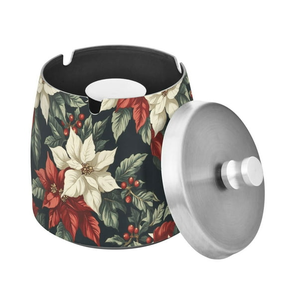 Yayeee Ashtray with Lid for Cigarette Smokeless Stainless Steel Home Ash Holder, White Christmas Leaves