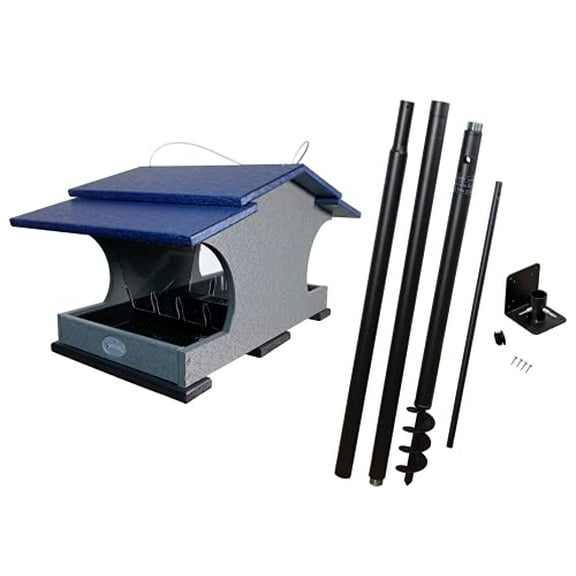 JCs Wildlife Large Poly Hopper Bird Feeder with Universal Mounting Pole Kit - Holds 2 Gallons of Bird Seed - Blue and Gray