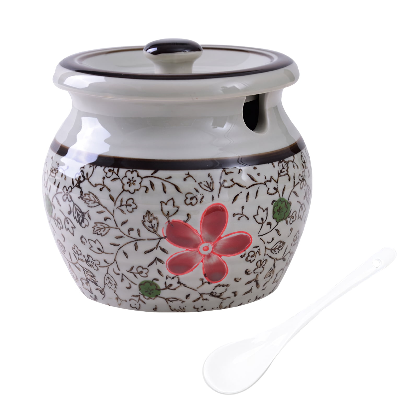 Ceramic Japanese Hand Painted Flower Sugar Bowl Seasoning Jar with Lid Spoon