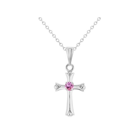 - 925 Sterling Silver Cross Pink Cubic Zirconia Necklace Pendant for Girls 16
