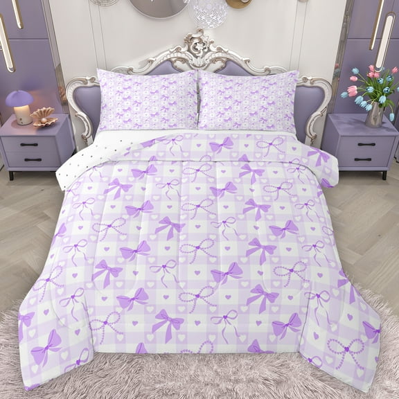 Homewish Dreamy Princess Bow-tie Bedding Comforter Set for Kids, Purple Cartoon Bow Twin Comforter Sets, Love Heart Reversible Bedding Set, Super Cozy Room Decor, 2-Piece