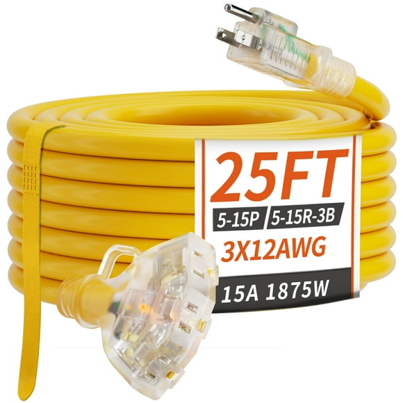 Enchufes de cable de extensión AF de 25 pies, calibre 12/3, para exteriores, 3 salidas, 15 A