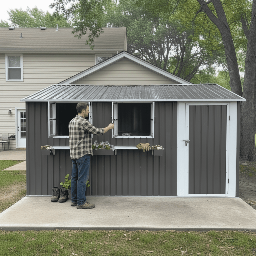 Mintazer 12×10ft Metal Outdoor Storage Shed with Lockable Door & 3 Windows, Weatherproof Garden Tool Shed with Flower Baskets, Gray