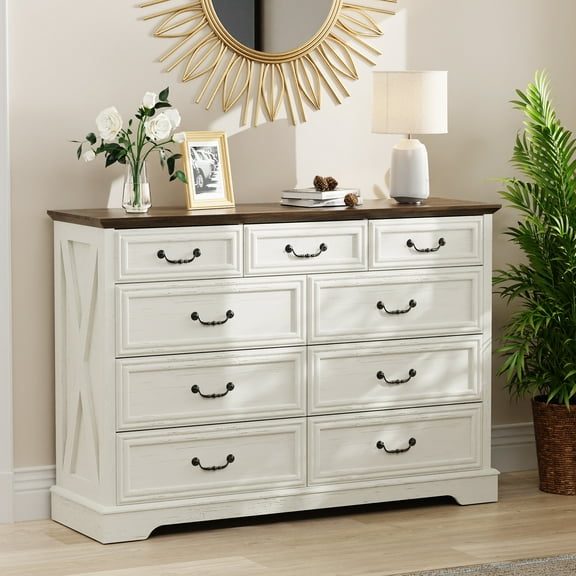 Vintage 9-Drawer Dresser with Antique Handles - Versatile Chest of Drawers for Bedroom, Living Room, Entryway & Hallway