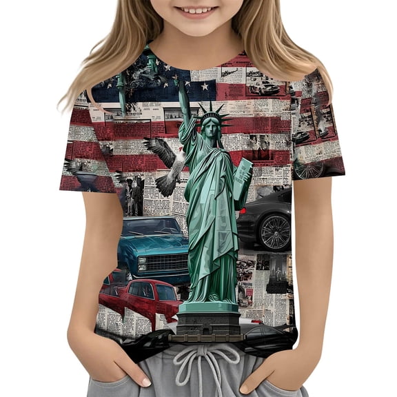 Ugoldhm Girls' Casual Patriotic American Flag Print Tee Crew Neck Regular Shoulder Soft T-Shirt for Ages 3-14, 4th of July Wear