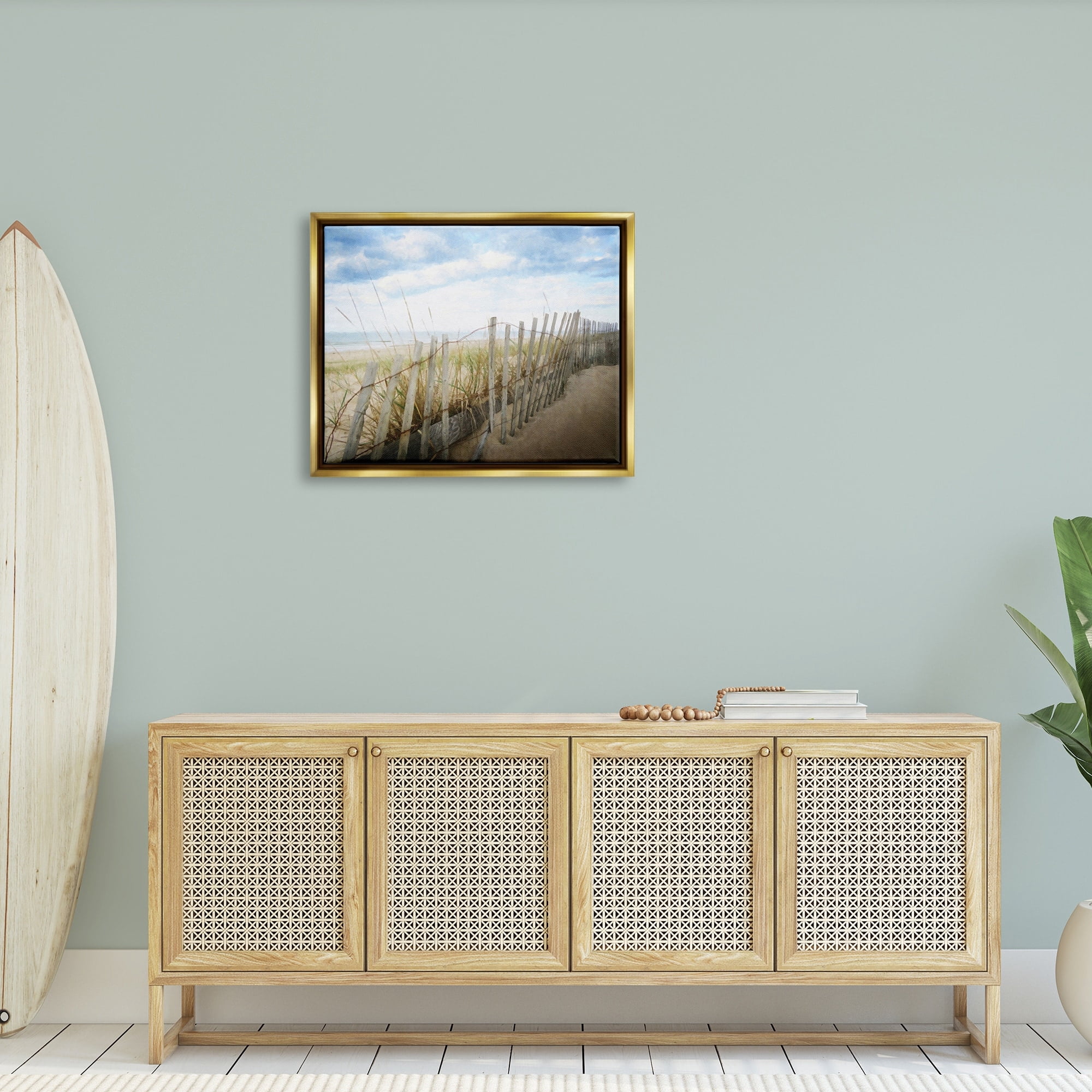 Stupell Industries Seaside Boardwalk Ocean Sand Fence Beach Grass Graphic Art Metallic Gold Floating Framed Canvas Print Wall Art, Design by Graffitee Studios