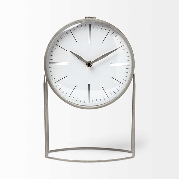 Gray Metal Circular Desk Table Clock Equipped with a Quartz Movement