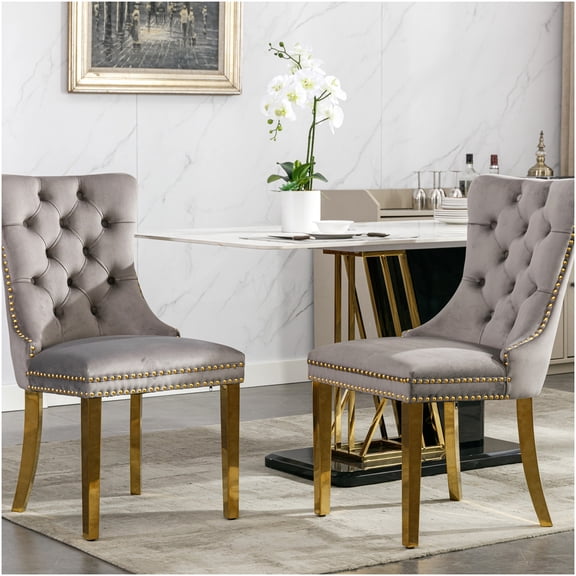 Modern Velvet Dining Chairs Set of 2 with Gold Legs and Nailhead Trim