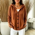 thumbnail image 2 of Sorvello Women's Hooded Knit Cardigan Sweater Button Down V Neck Drawstring Hood Solid Color Warm Fall Winter Outerwear Coat for Women Light Brown M, 2 of 7