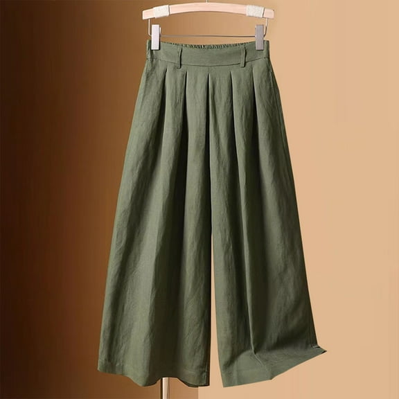 up to 60% off Gifts Usmixi Womens Plus Size Wide Leg Capris Casual Solid Loose Pleated High Waist Cropped Trousers Summer Breathable Cotton Linen 3/4 Pants Green XXL