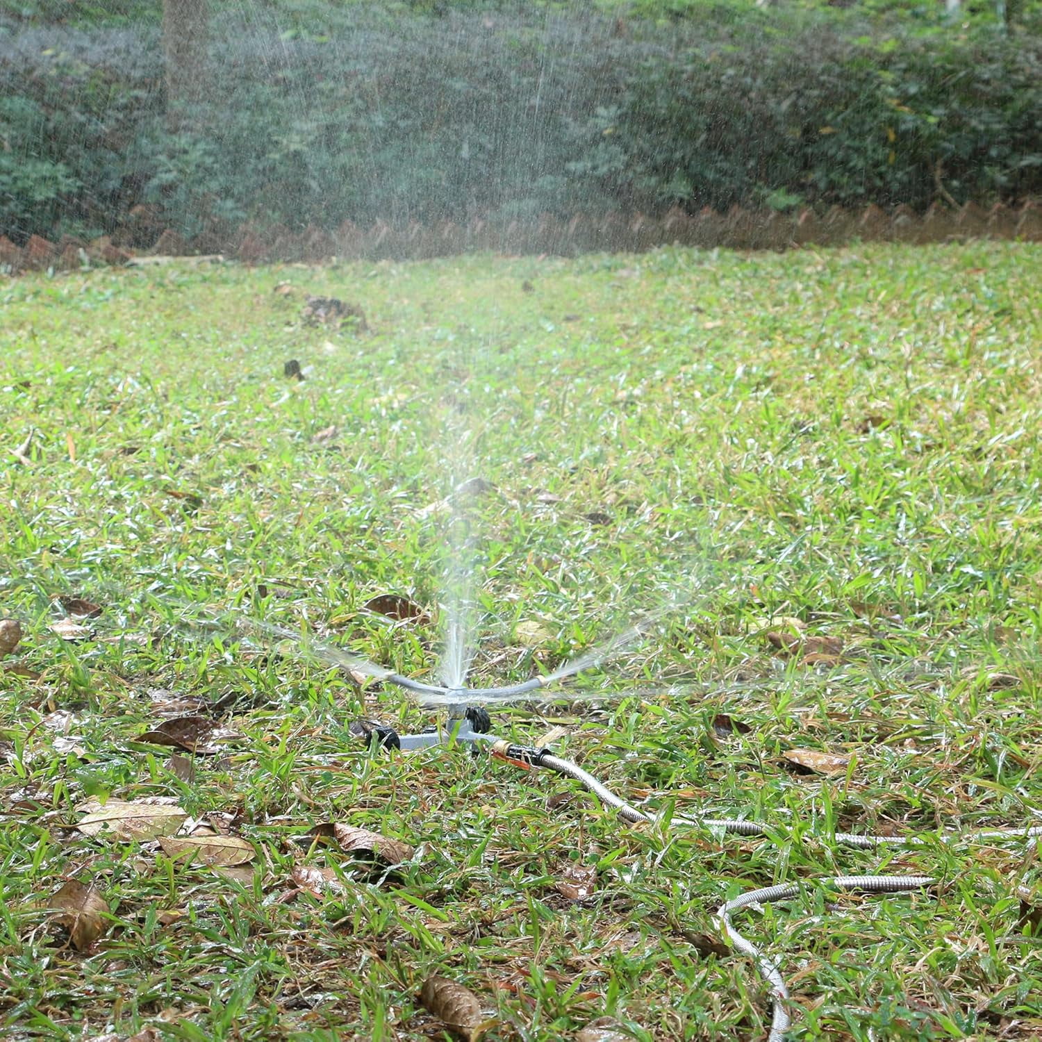 Metal Rotating Water Sprinkler for Lawn, Heavy Duty 3-Arms Whirling 360 Degree Automatic Rotary with Wheeled Base Small Areas, Garden, Yard, Cover up to 1,384 Sq. ft.