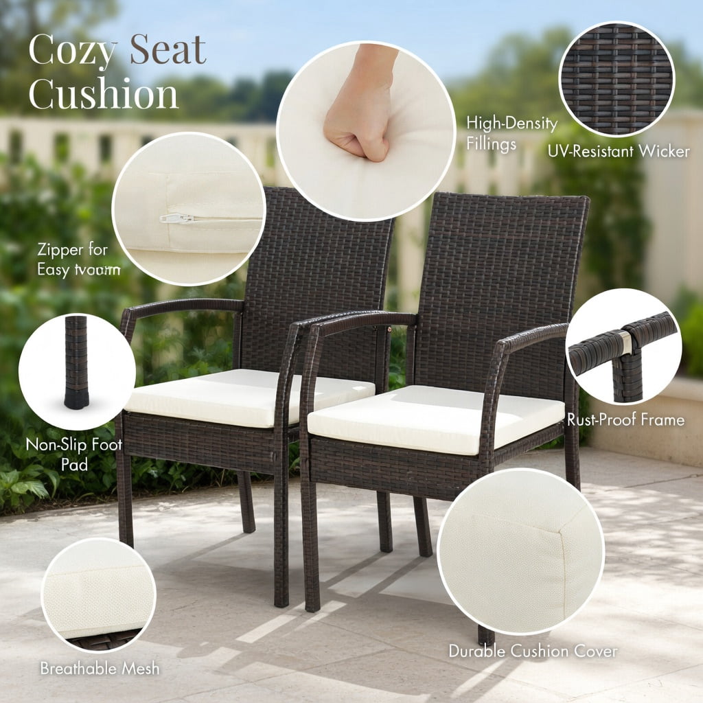 Hommoo 4-Piece Wicker Patio Dining Chair Set with Off-White Zippered Cushions, PE Rattan Outdoor Armchairs for Backyard, Porch & Poolside, Brown