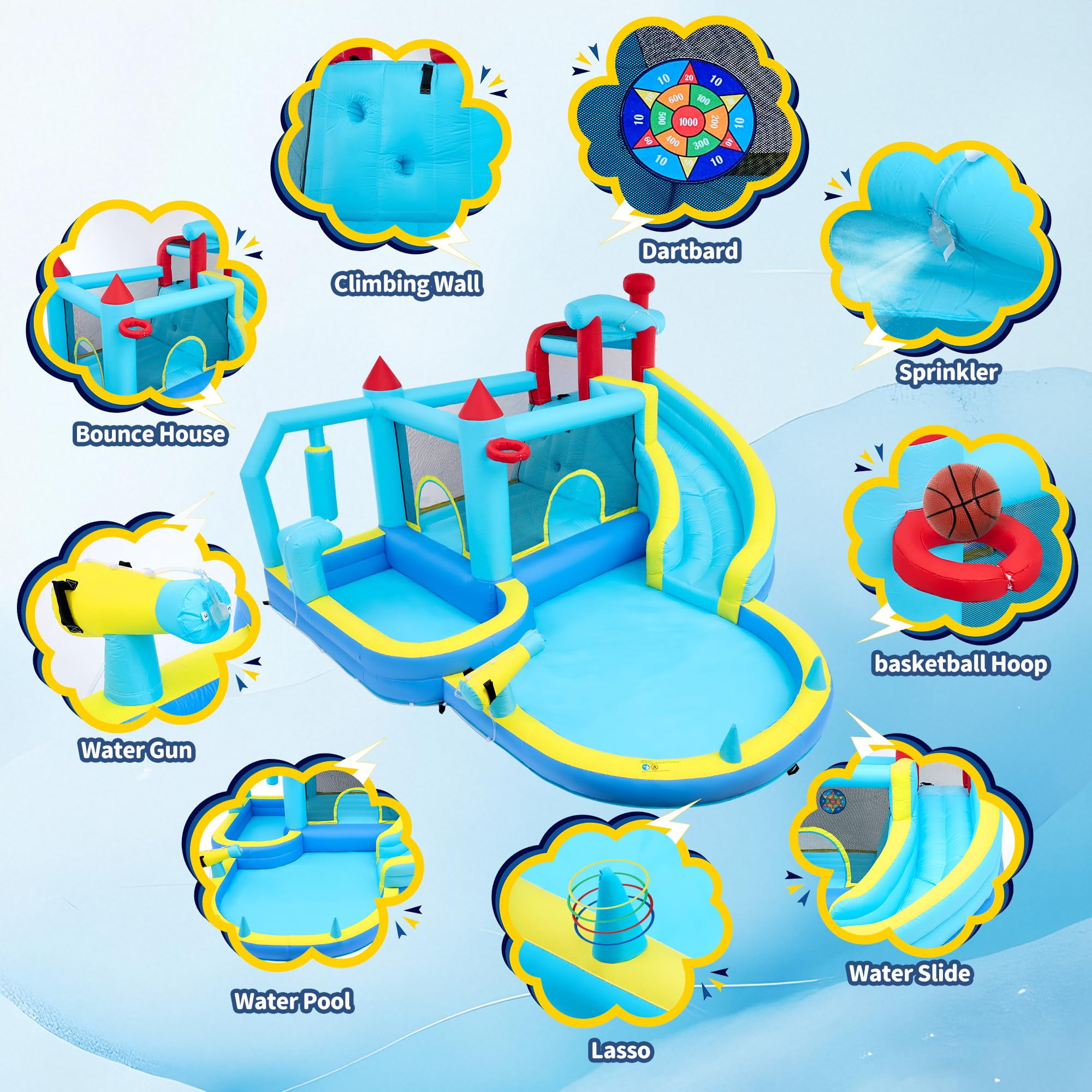 Inflatable Bounce House for Kids, Inflatable Water Slide with Blower, Climbing Wall, Jumping, Splash Pool, Basketball Hoop for Boys and Girls Indoor Outdoor Backyard