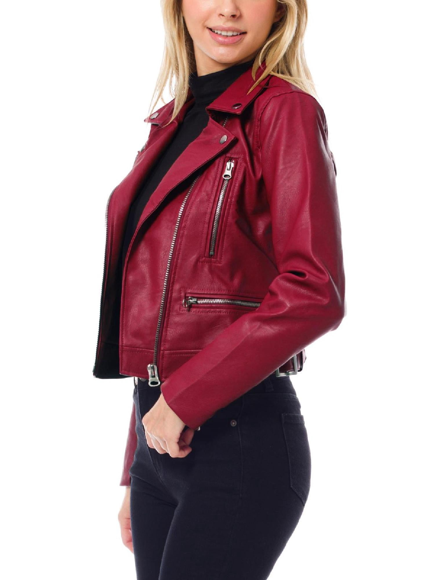 MixMatchy Women's Faux Leather Long Sleeve Zipper Closure Moto Biker Short Coat Jacket