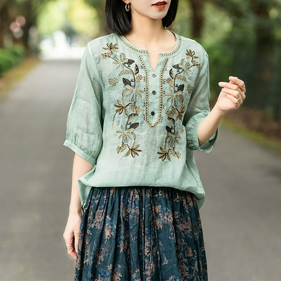 Blczomt Spring Tops for Women 2025 Cotton Linen Short Sleeve Plain Tees Basic Green Casual Womens Blouses