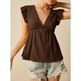 thumbnail image 4 of Women'S Lace Trimmed V Neck Ruffled Sleeve Flared Eyelet Tank Blouse Top Coffee Color S, 4 of 5